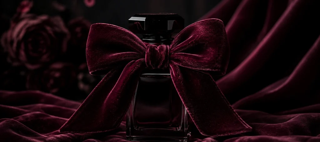 burgundy velvet bow dark glass fragrance bottle