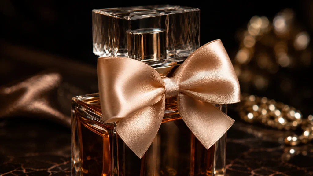 champagne gold satin bow perfume bottle neck close up