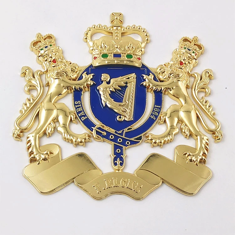 custom gold heraldic crest badge lion crown blue enamel front view