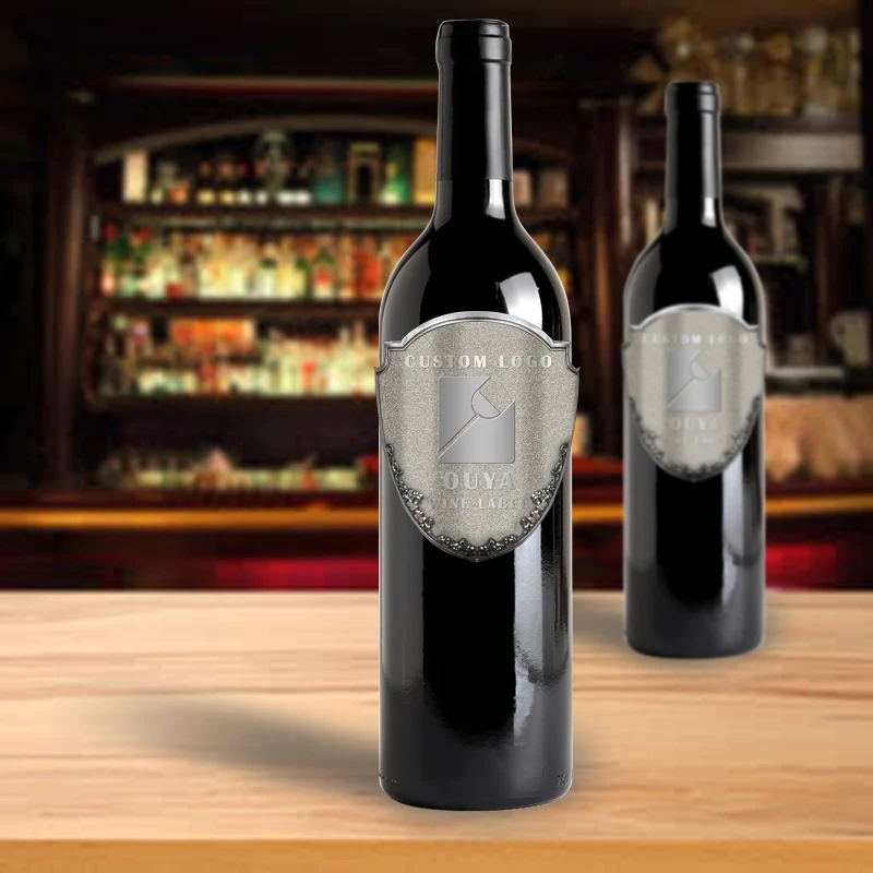 custom metal wine bottle label shield shape gunmetal bar display