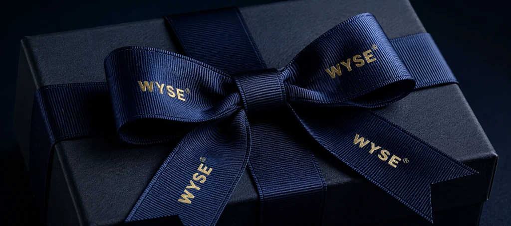 custom wyse logo navy grosgrain ribbon gift box