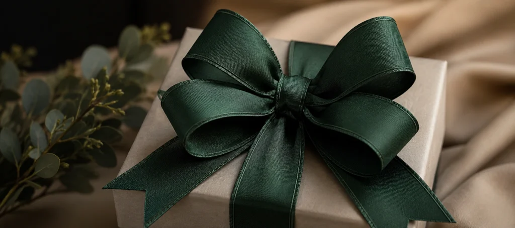 forest green wired edge ribbon bow gift box