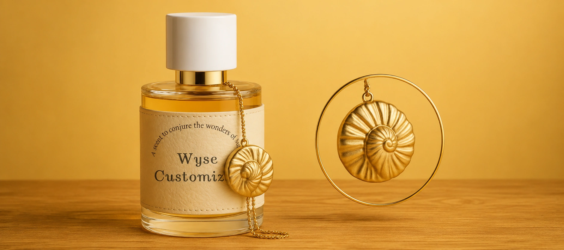 gold shell charm perfume bottle wood table