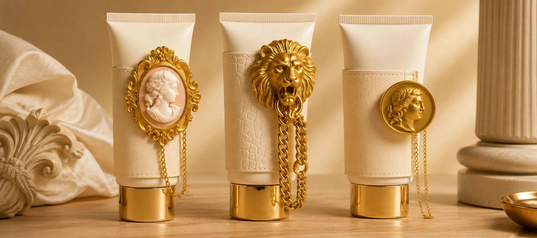 luxury gold cosmetic tubes medallion chain wood table