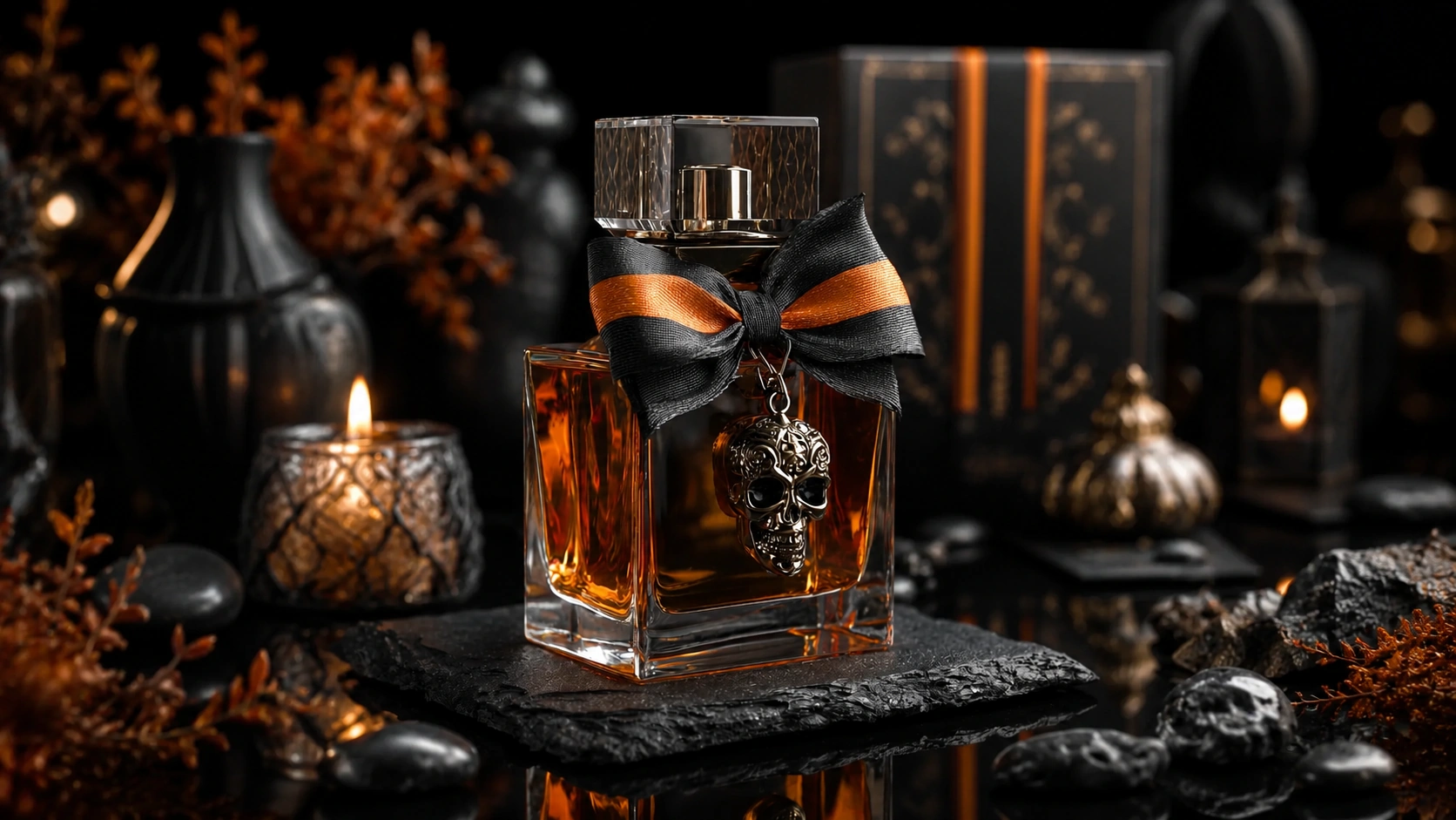 luxury skull charm perfume bottle black orange ribbon