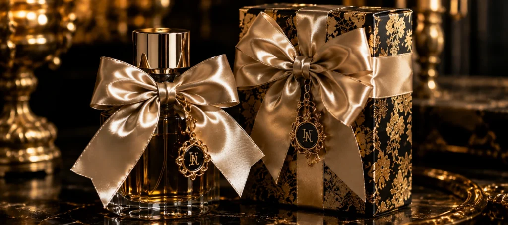 maximalist satin bow metal charm perfume packaging