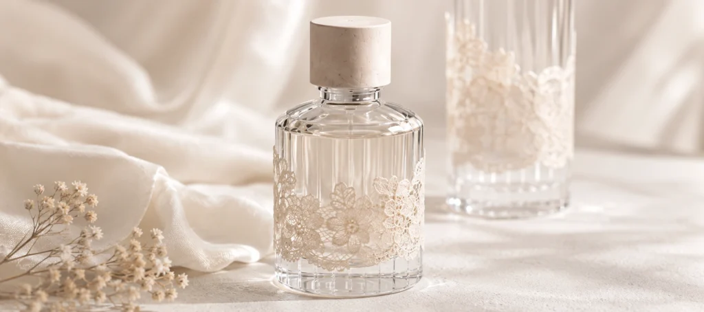 minimalist lace detail perfume bottle packaging