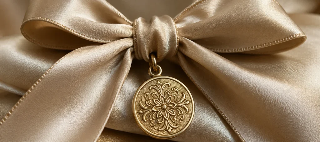 satin bow engraved brass charm close up