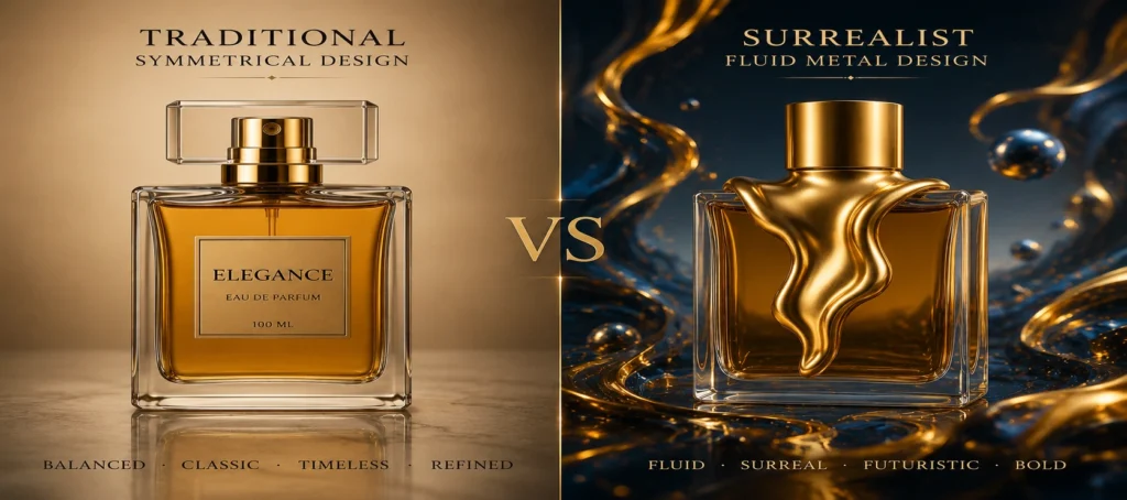 traditional vs surrealist perfume design comparison