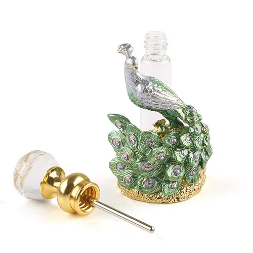 vintage enamel green peacock perfume bottle glass metal