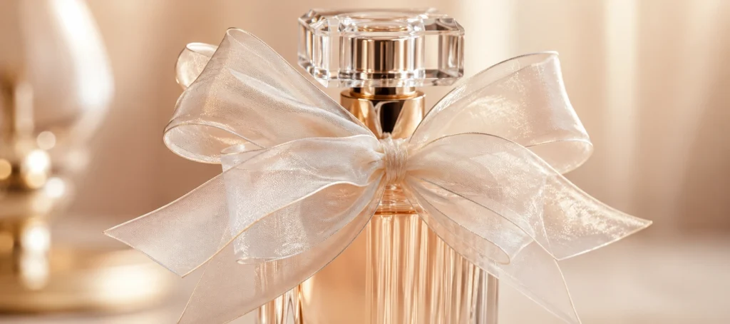 white organza bow perfume bottle close up