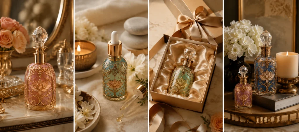 application collage perfume essential oil gift packaging home decor luxury bottles