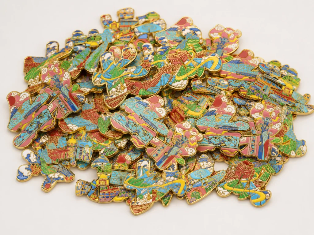 assorted chinese landmark magnetic enamel fridge magnets pile