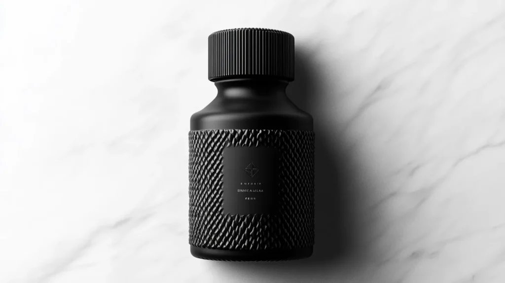 black cosmetic bottle embossed metal label minimal packaging