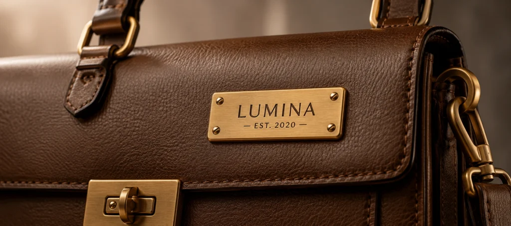 brushed gold metal logo plaque leather handbag close up