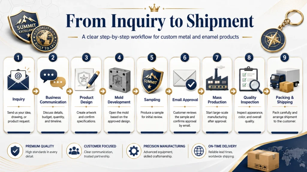 custom metal enamel production workflow from inquiry to shipment