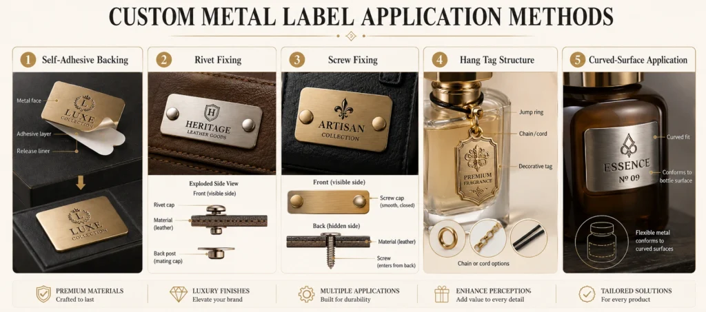 custom metal label application methods adhesive rivet screw hang tag curved surface