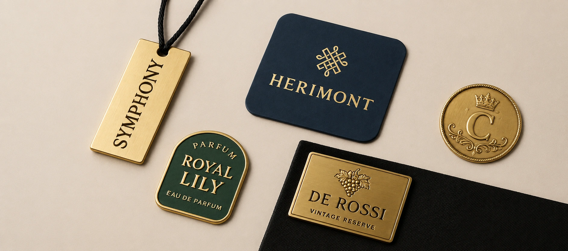 custom metal label tags luxury branding flatlay
