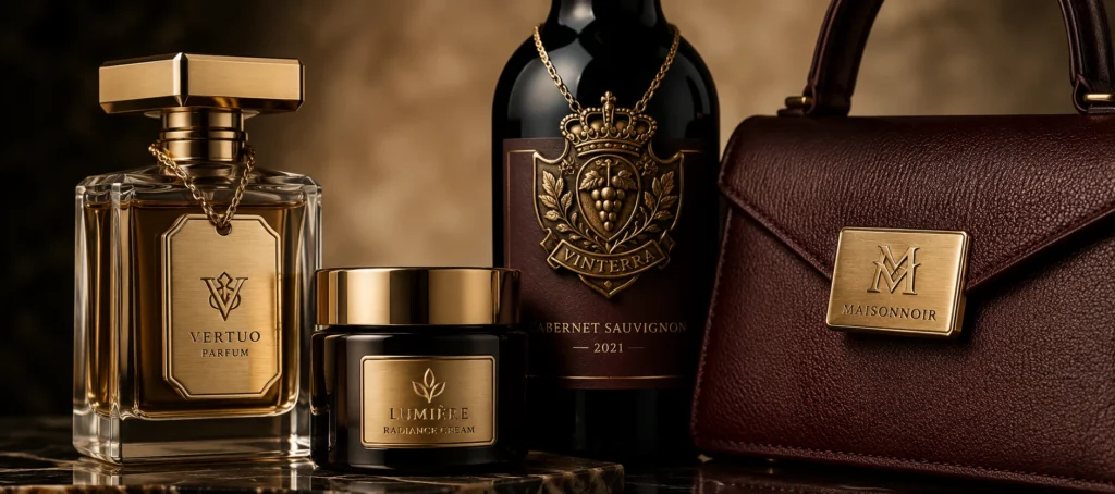 custom metal labels perfume cosmetics wine fashion packaging closeup