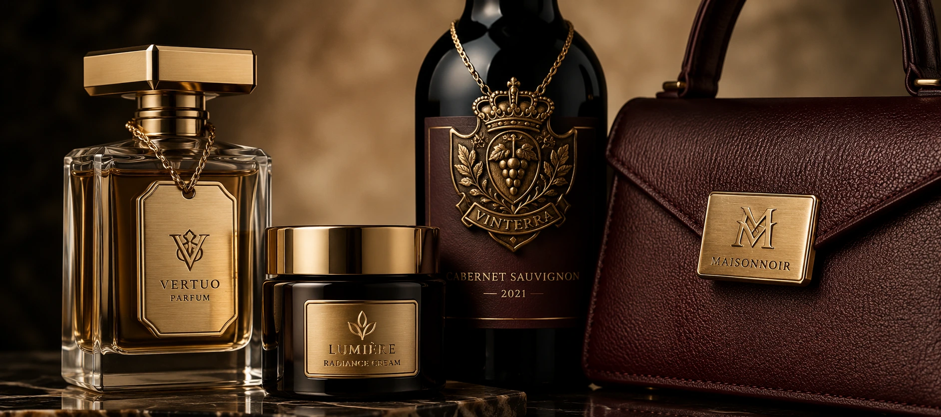 custom metal labels perfume cosmetics wine fashion packaging closeup