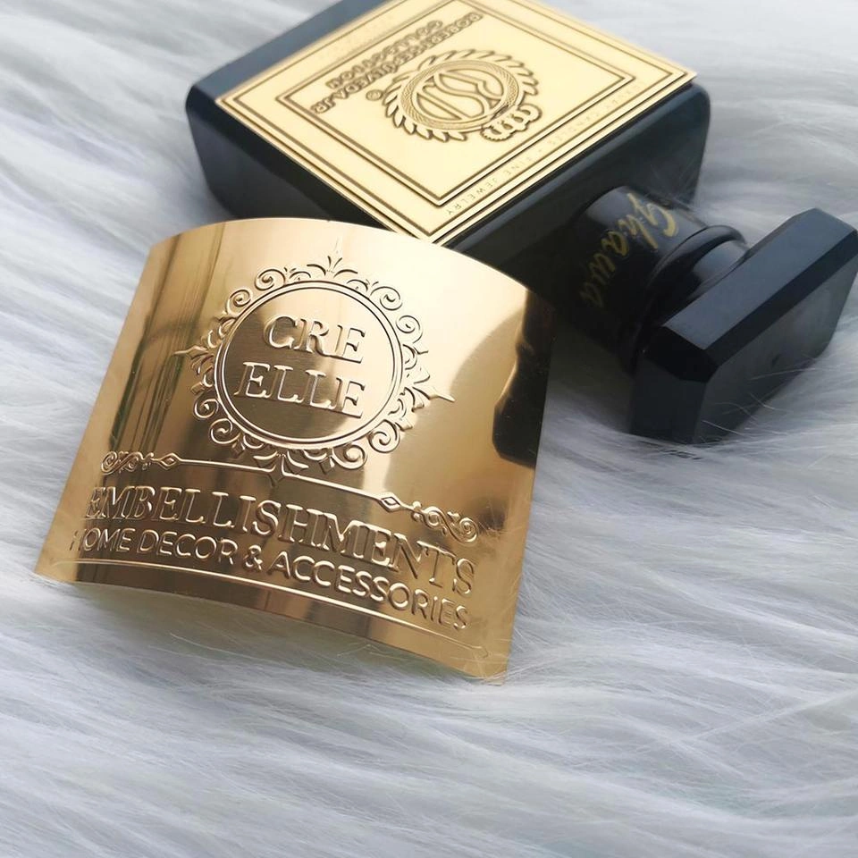 gold embossed perfume bottle metal label packaging