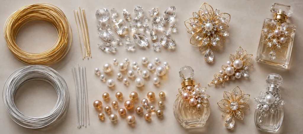 gold silver wire crystal pearl perfume bottle accessories flatlay