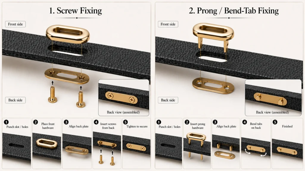 handbag hardware installation guide screw fixing prong bend tab
