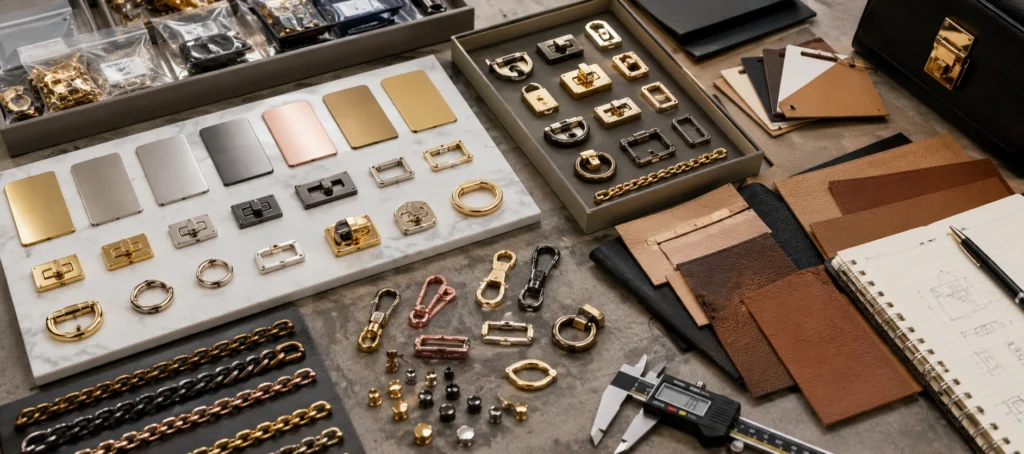 handbag hardware sampling electroplating color board leather swatches workbench