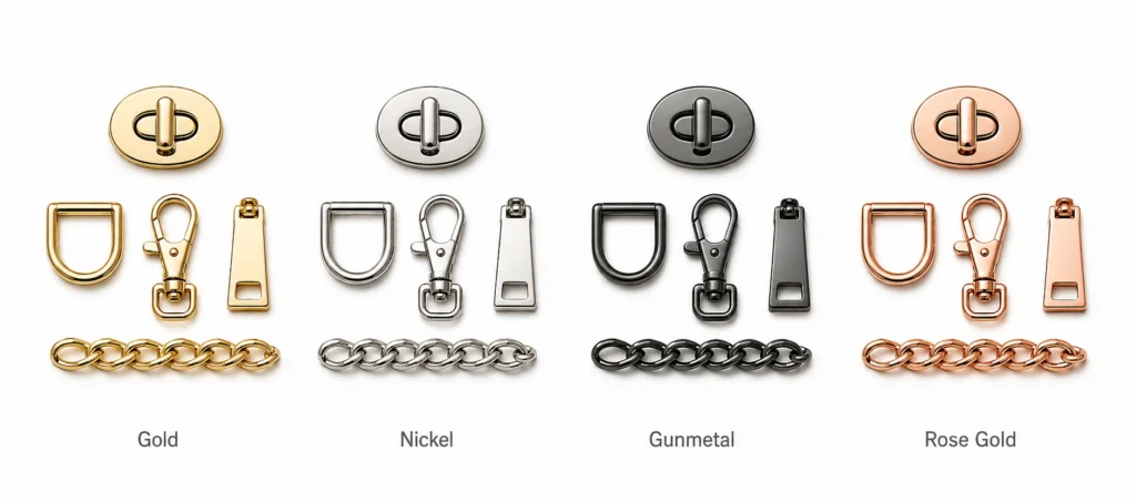 handbag hardware surface finish set gold nickel gunmetal rose gold