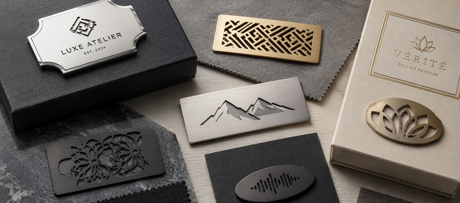 laser cut metal labels luxury packaging flatlay