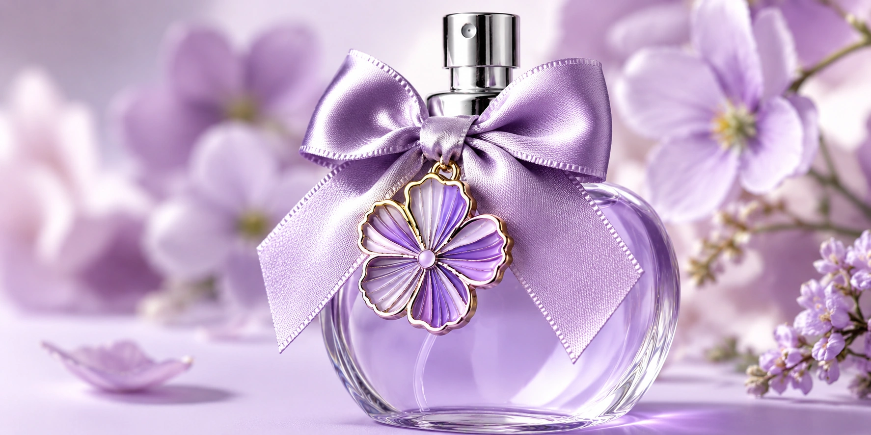 lavender satin bow perfume bottle floral enamel metal label 2x1