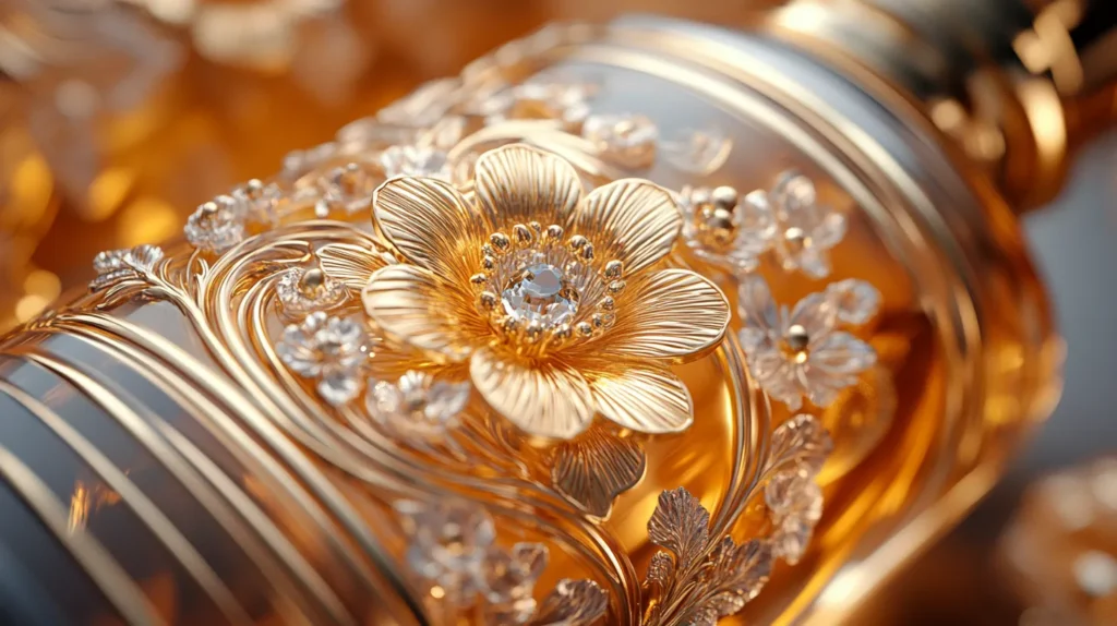 luxury glass bottle floral metal label closeup