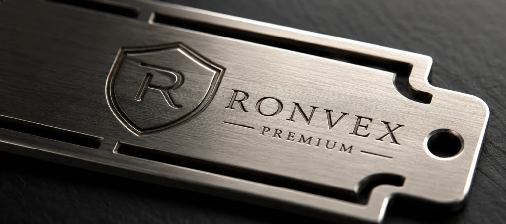 macro engraved metal label hollow cut edge detail