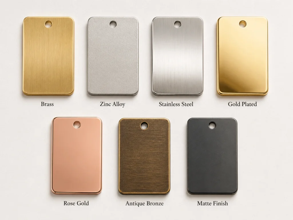 material surface finish metal label samples brass zinc alloy stainless steel gold rose gold antique bronze matte