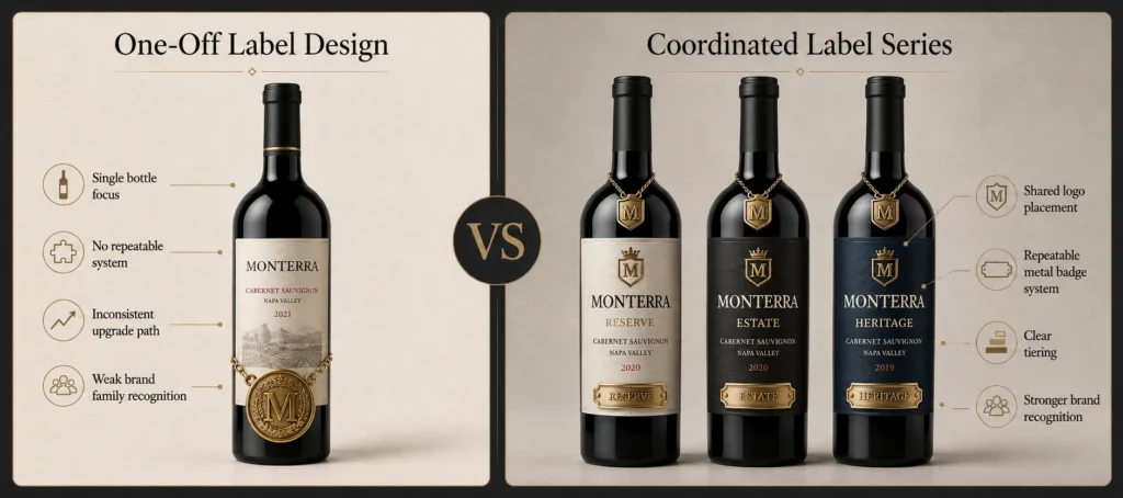 one off vs coordinated wine label metal accessory series