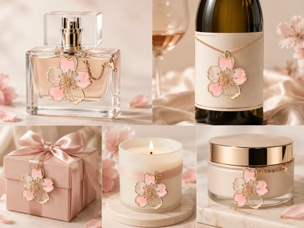 pink peach blossom enamel metal label application collage perfume wine gift box candle cosmetics