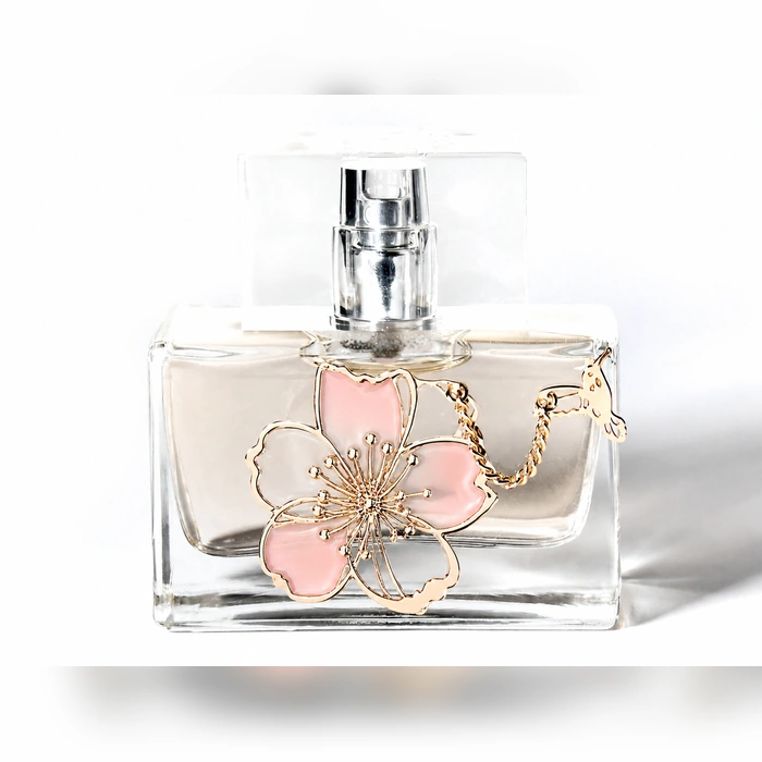 pink peach blossom metal label perfume bottle