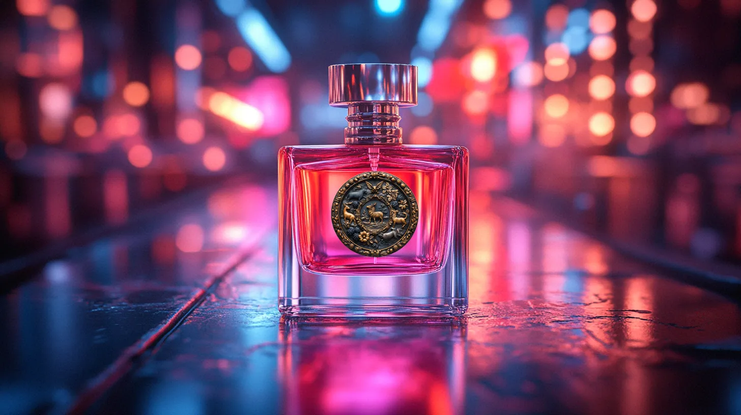 pink perfume bottle ornate metal label neon display