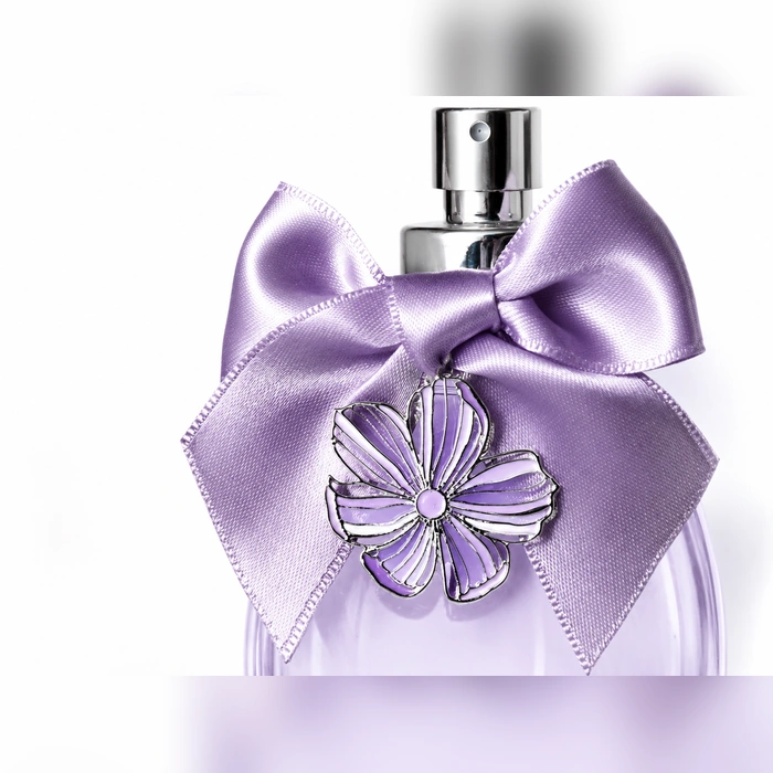 purple satin bow perfume bottle light purple flower metal label