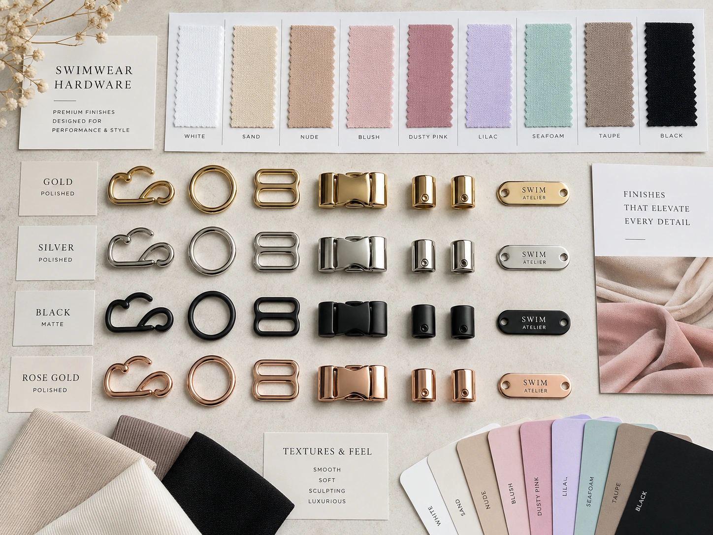 swimwear metal hardware flatlay gold silver black rose gold fabric swatches