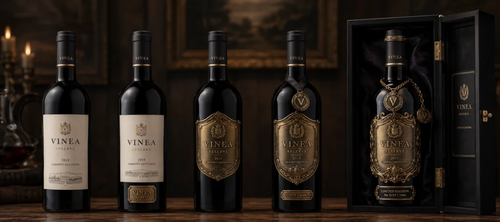 tiered wine bottle series metal label detail progression