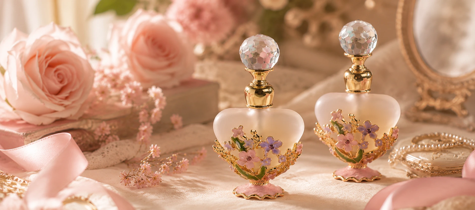 two hand painted glass perfume bottles vintage floral props