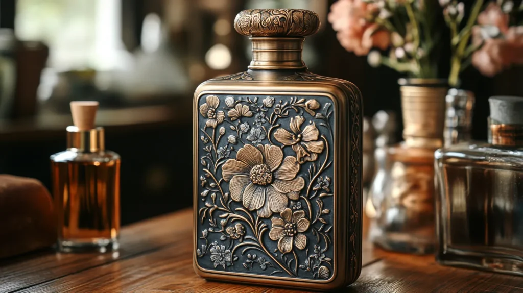 vintage perfume bottle floral engraved metal label