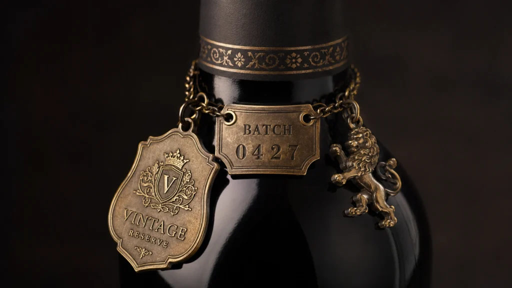 wine bottle neck metal tag chain batch charm closeup