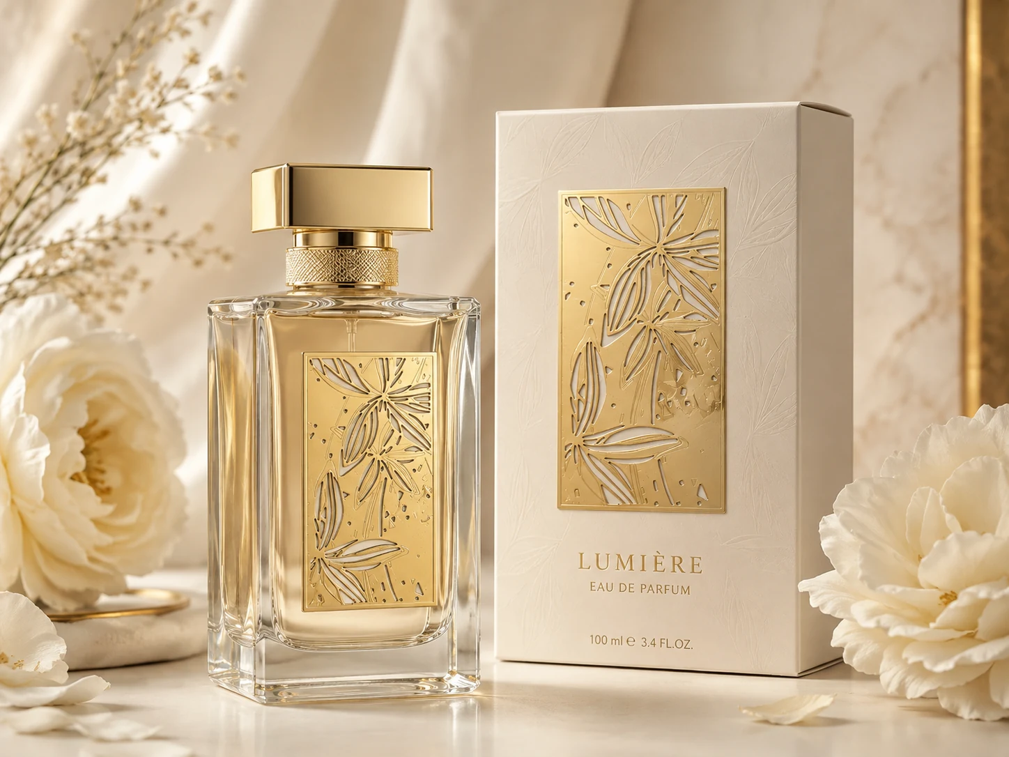 custom perfume packaging gold metal label showcase