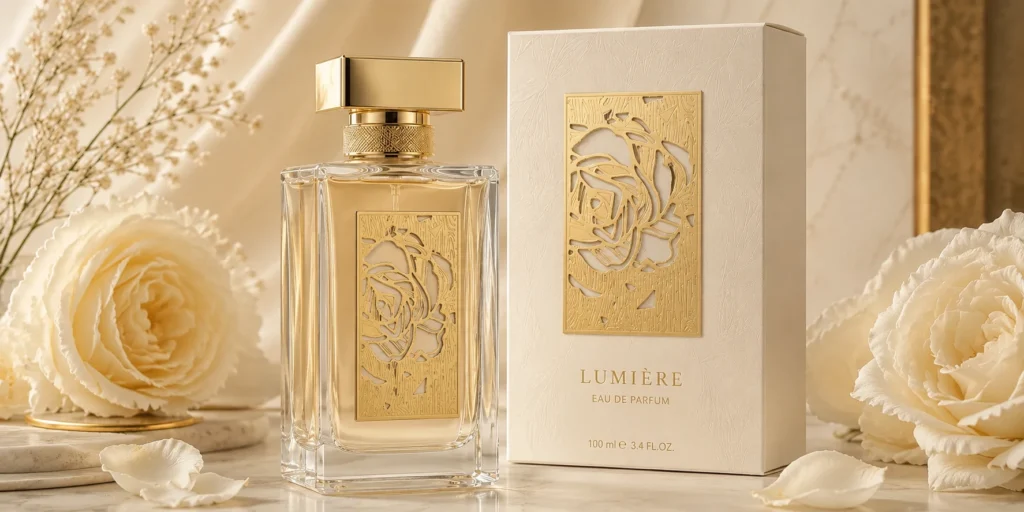 luxury perfume bottle metal label packaging display