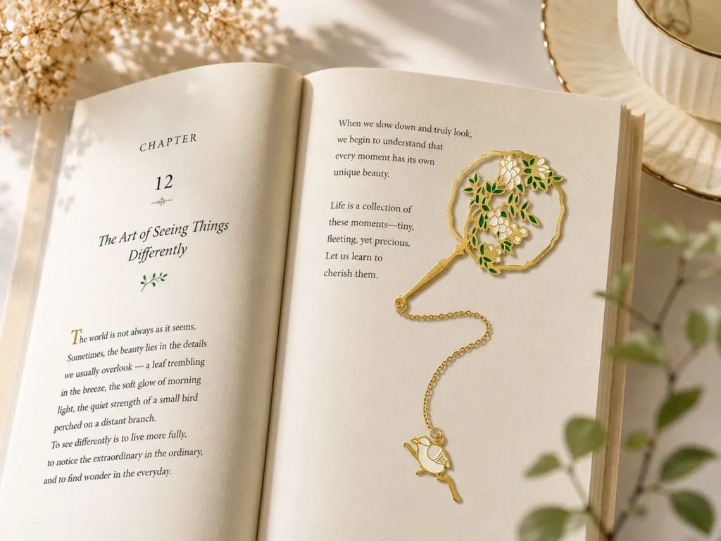 summer palace enamel metal bookmark in use