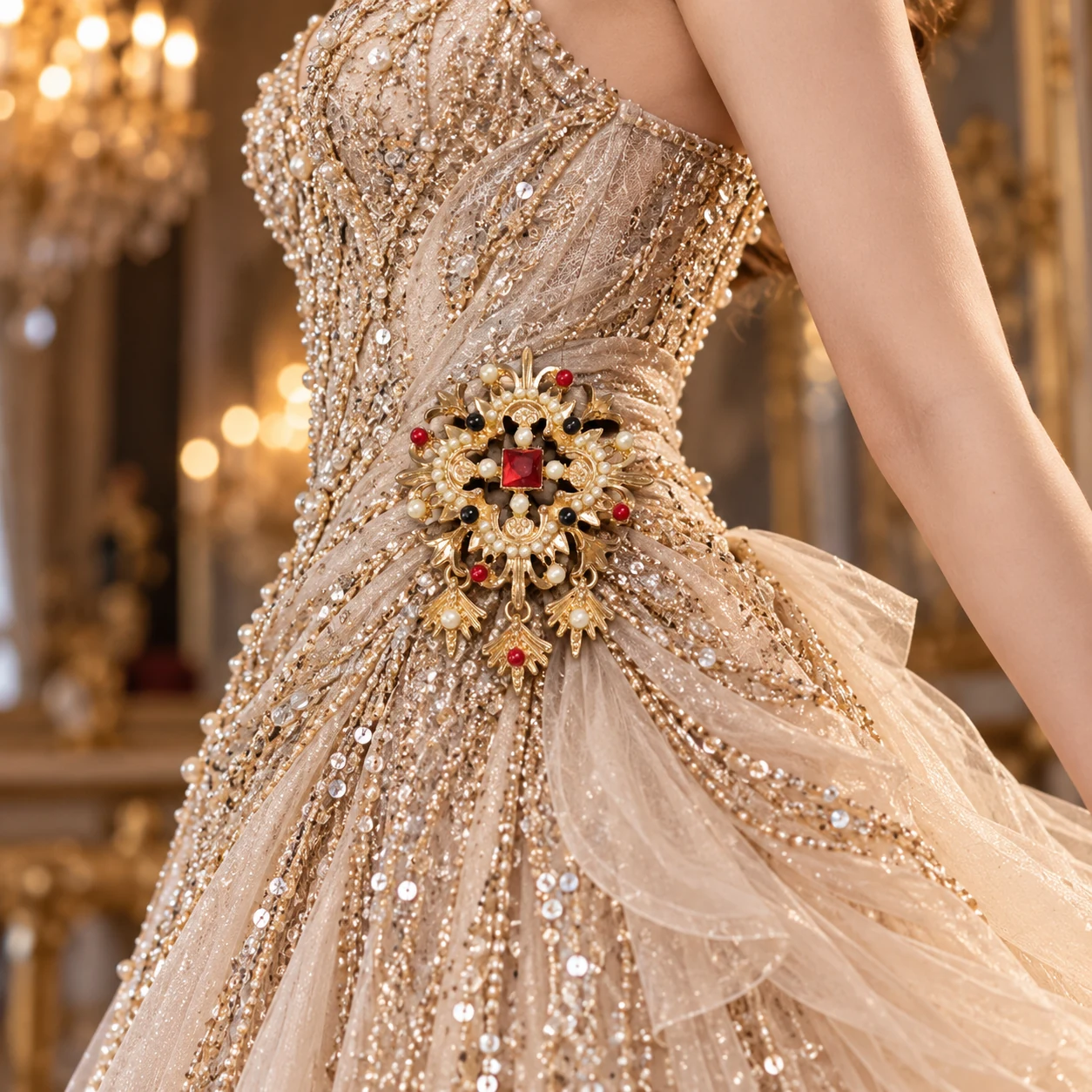 baroque metal brooch evening gown side waist