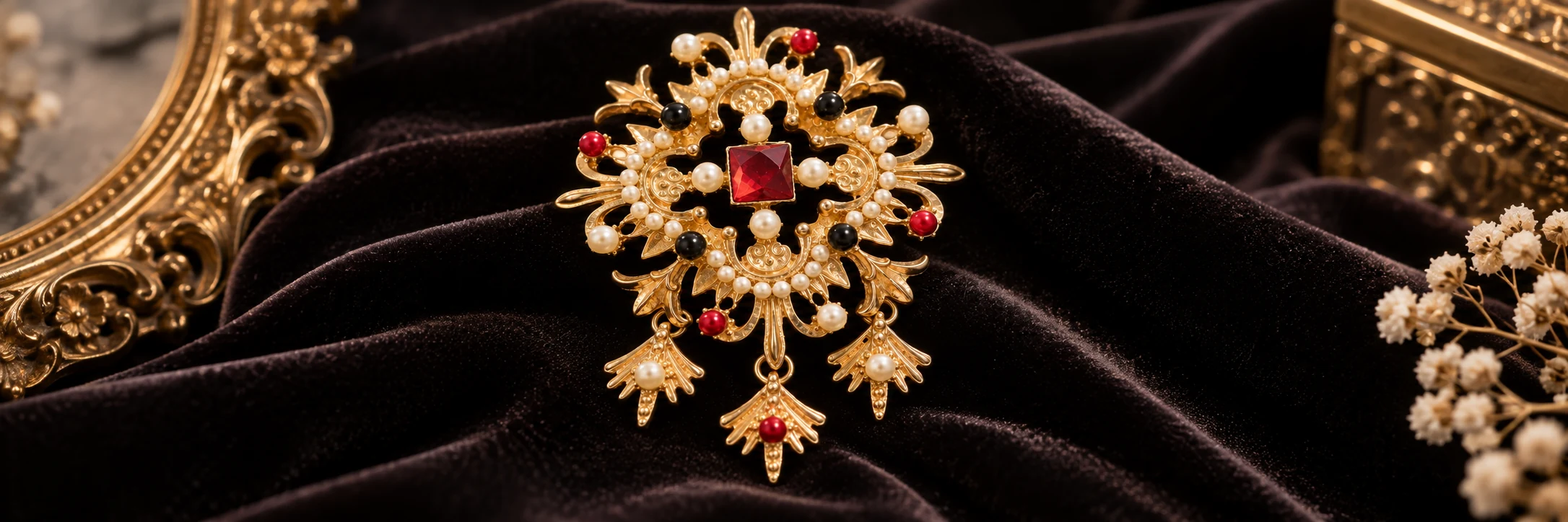baroque pearl ruby brooch black velvet banner