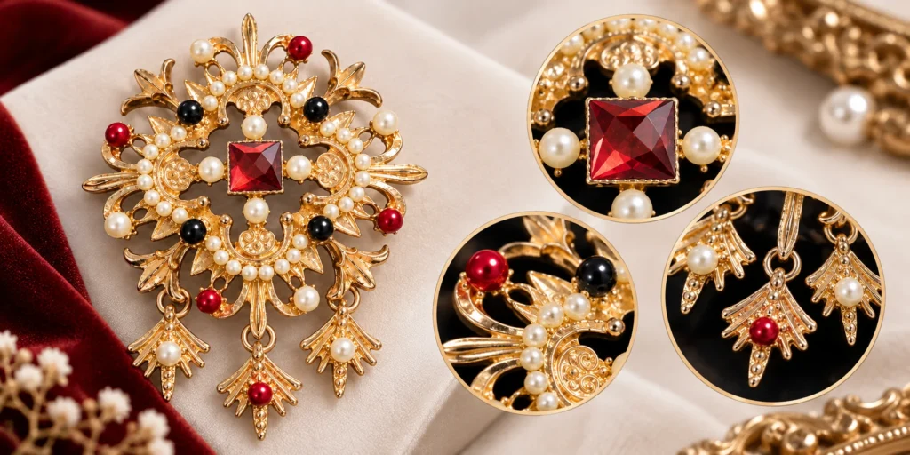 baroque pearl ruby brooch detail collage